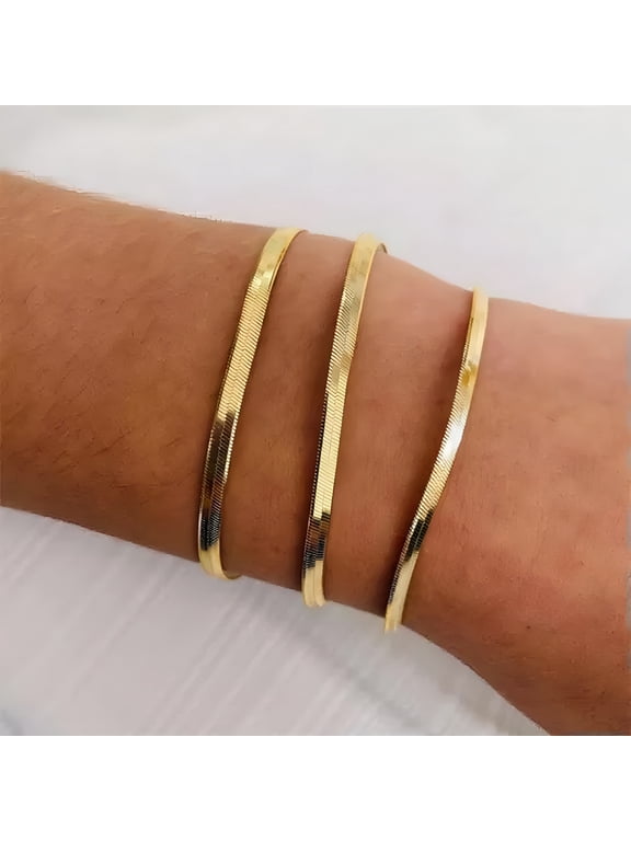 2026 New 3/4/5Mm Woman 14K Gold Plated Herringbone Flat Snake Chain Bracelet Bangle 7-9''-Gold-5Mm-7 in for Elegant Wear, Special Occasions, Daily Fashion, Party Accessories, Gift Giving