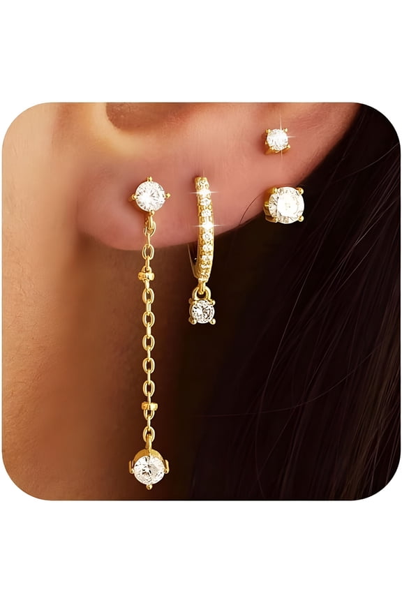 2026 New 3 Pairs Earrings Set for Multiple Piercings, Gold Studs Hoop Earrings Stack, Cz Dangle Earrings Set, Hypoallergenic for Sensitive Ears for Party, Wedding, Casual, Gift Women'S Gift