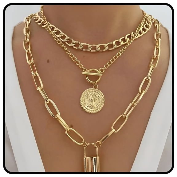 DESIGNICE 2026 New 3 Professional Pcs Chunky Gold Layered Necklaces Stackable Multilayer Link Chain Punk Style Paperclip Chain Toggle Clasp Gold Coin Lock Pendant Necklace Trendy Jewelry Gifts