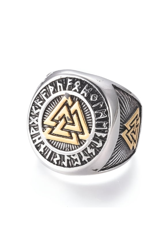 2026 New 304 Stainless Steel Signet Rings for Men Wide Band Rings Valknut Symbol Silver and Golden Size 7~12 17~22Mm