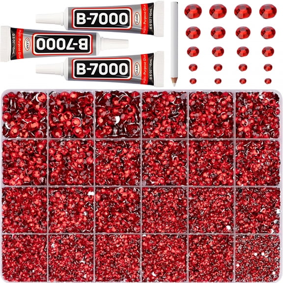 DESIGNICE 2026 New 32000Pcs Red Rhinestones for Bedazzling,Red Bedazzle Gems Flatback Resin Stones Diamond Gemstone Jewel Crystal Bedazzled Rhinestone Flat Back for Crafting Crafts 2-6Mm with Glue