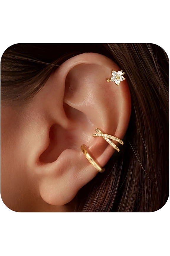 2026 New 3Pcs Ear Cuffs Non Piercing for Women - Trendy 14K Gold Plated Cuffs Earrings with Cubic Zirconia - Dainty Clip on Cartilage Earring Jewelry