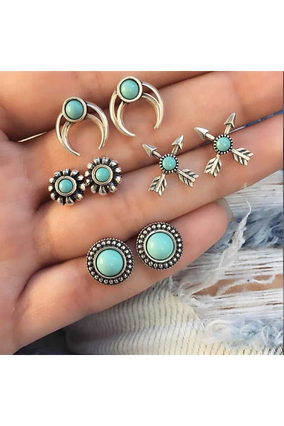 2026 New 4 Pairs Women Flower Arrow Ear Studs Set Faux Turquoise Jewelry Earrings, for Casual Wear, Parties, Festivals, Gifts, Everyday Outfits