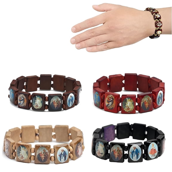 DESIGNICE 2026 New 4 Pcs Wooden Rosary Jesus Bracelet Elastic Stretch Bangle with Pictures of Religious Saints Catholic Holy Gods Goddess Prayer Manifestation Bracelet