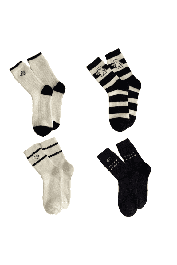 2026 New 4Pairs Socks Snuggly Fuzzy Socks for Chilly Days Playful Dog Design Long Socks for Winter Outfits for Lounging Bedroom Style1