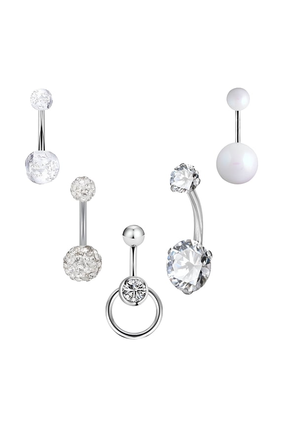 2026 New 5 Pieces Belly Button Rings Navel Barbell 10Mm Short Fashion Stainless Steel Zircon 1.6Mm for Women Glitter Matte Navel Rings White