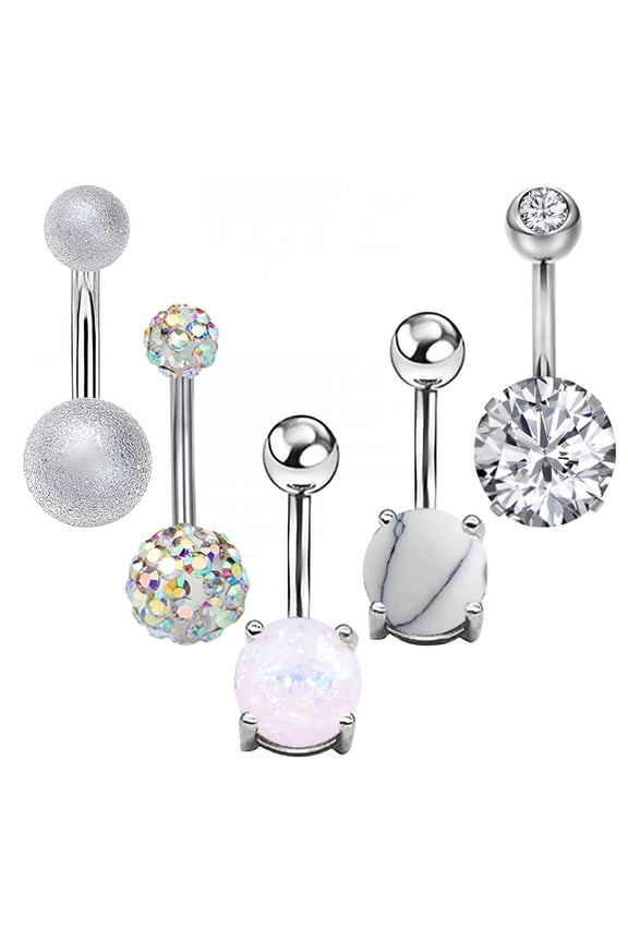 2026 New 5Pcs Belly Button Rings, Stainless Steel Opal Navel Rings Curved Barbells Studs Gift for Women Girls Body Piercing Jewelry Silver Belly Button Rings