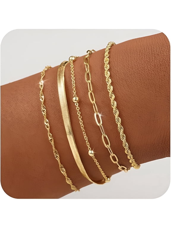2026 New 5Pcs Gold Bracelet Stack -Beaded Bracelets for Women Trendy,Fashion Accessories,Gold Plated Jewelry Set and Perfect Gifts for Women-6.5 Inches with 2-Inch Extender