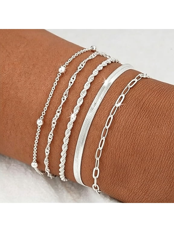 2026 New 5Pcs Silver Bracelet Stack-Beaded Bracelets for Women Trendy,Fashion Accessories,Silver Jewelry Set&Perfect Gifts for Women-6.5 Inches with 2-Inch Extender