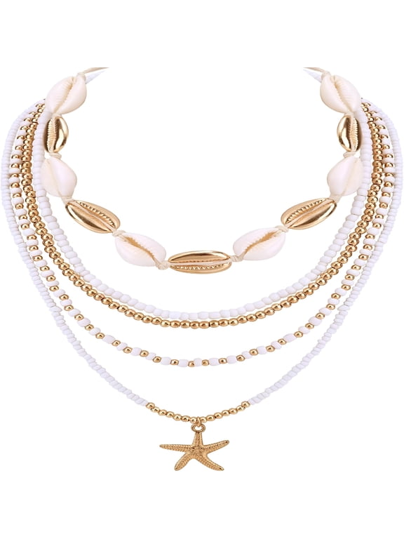 2026 New 5Pcs Summer Beach Necklace, Boho Shell Seashell Starfish Beaded Surfer Necklaces Set for Women Holiday Vacation Party Sea Friendship Jewelry Gift