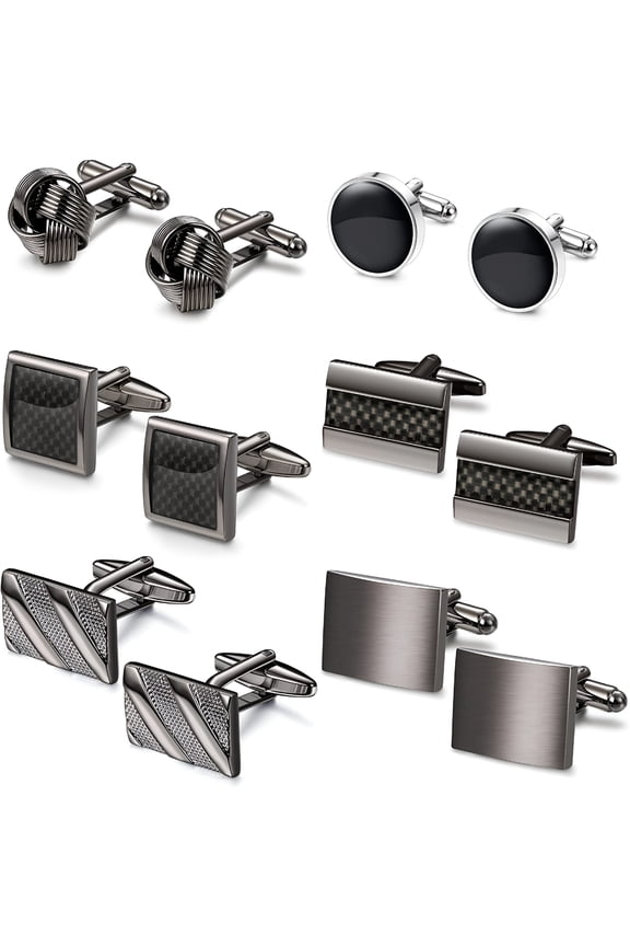6 Pairs Cufflinks for Men Classic Cuff Links Mens Cufflinks Tuxedo Shirt Cufflinks for Wedding Groom Business Silver Black Cufflinks Set Father'S Gift