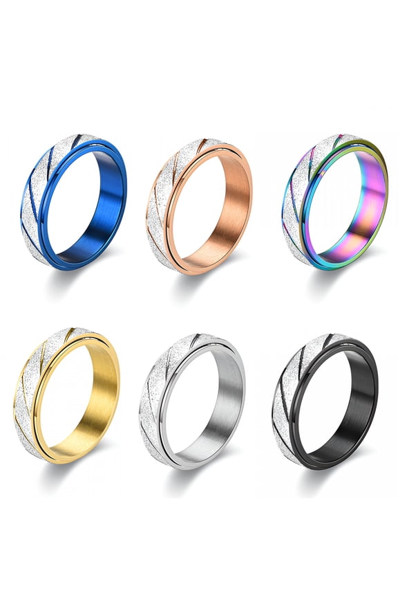 2026 New 6 Pcs Spinner Rings for Women Men Anxiety Relief, Titanium Steel Finger Ring Frosted Slash Line Color Block Striped Turnable Ring Fidget Rings Fashion Jewelry Size 6-12
