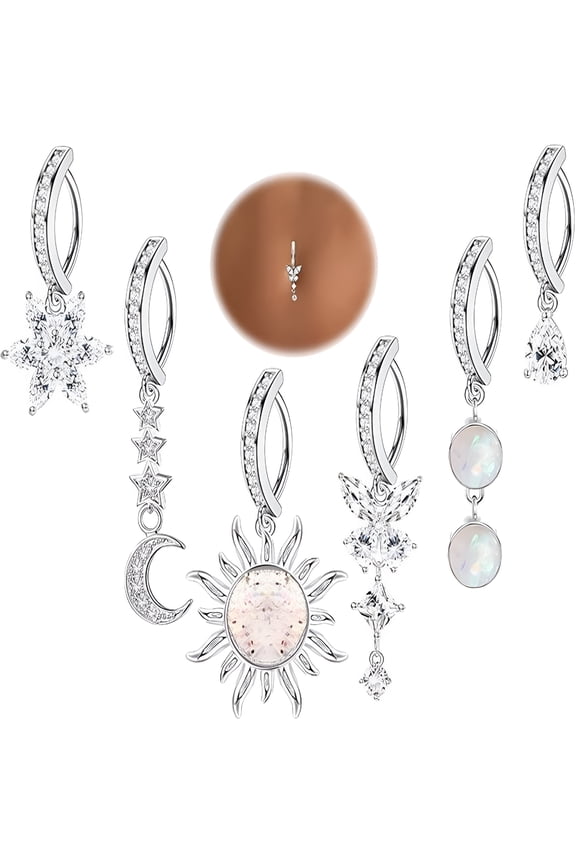 2026 New 6Pcs 14G Clicker Belly Button Ring 316L Surgical Steel Butterfly Snake Heart Cz Opal Dangle Belly Button Rings Simple Reverse Navel Rings Body Belly Piercing Jewelry