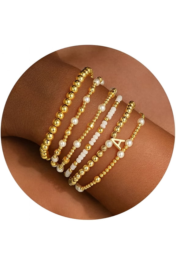 2026 New 6Pcs Beaded Initial Bracelets for Women Girls-18K Gold Plated Beaded Initial Letter Bracelet Initial A-Z Stretch Bead Stackable Bracelet Jewelry Gifts for Her