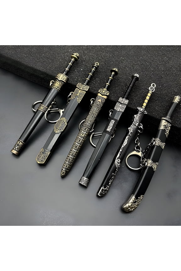 2026 New 7Pcs Mini Key Chains for Men Ancient-Sword with Scabbard Decorative Pattern Keychain Uncut Blade Model Collectible Keyring Pendant Creative Gift for Boys
