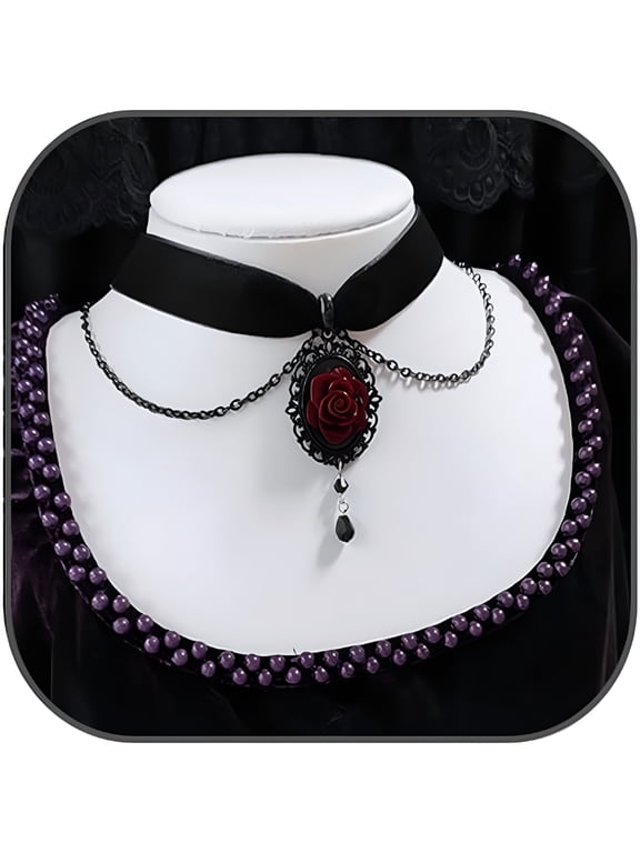2026 New Black Rose Cameo Pendant Choker,Gothic Velvet Choker Necklace Vintage Resin Red Crystal Gem Pendant Necklaces Witch Jewelry for Women Red Choker Necklace
