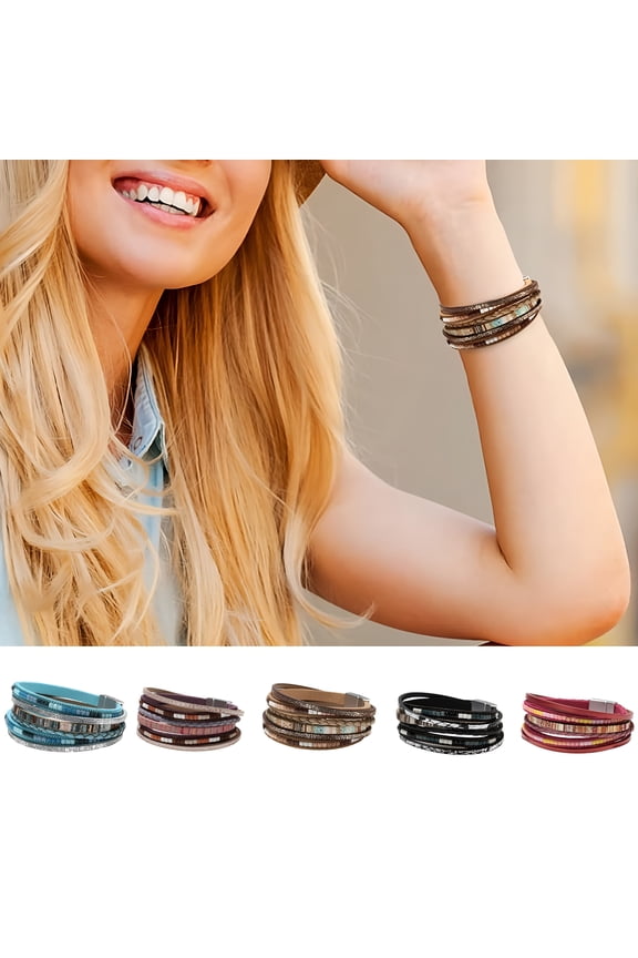2026 New Bohemia Multi-Layer Women Bracelet Faux Leather Ethnic Boho Style Handmade Girls Cuff Bracelet Fashion Jewelry, Khaki