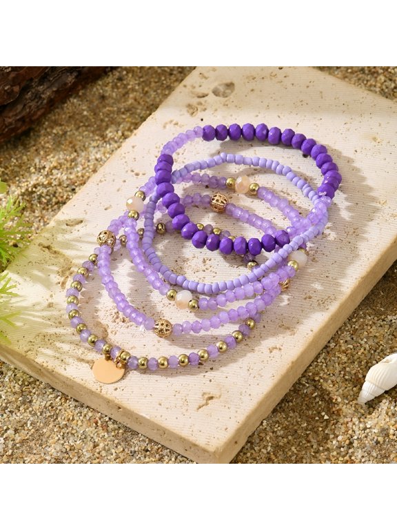 2026 New Boho Bead Bracelet Stack 5 Colorful Elastic Bracelets for Beach, Festival, Party, Casual, Vacation with Gold Coin Charms Stackable Trendy Summer Jewelry for Women