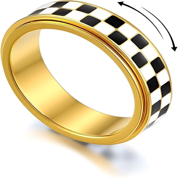 DESIGNICE 2026 New Checkered Fidget Spinner Ring for Adults,18K Gold Plated Stainless Steel Rotating Anxiety Relief Jewelry Gift for Women Men for Office,Home,Travel,SchoolBlack and White Pattern