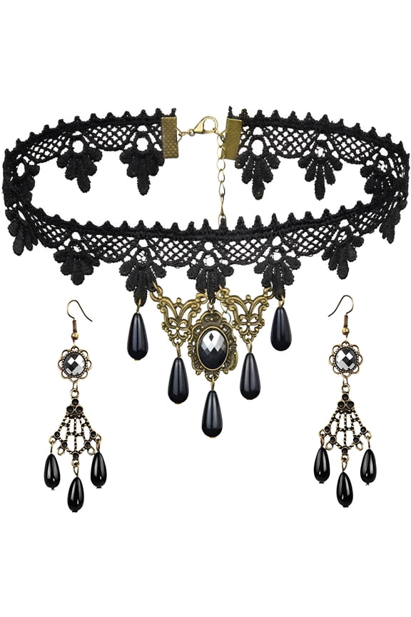 2026 New Choker Necklace Earrings Set for Halloween Punk Steampunk Costume Party Women Gothic Black Lace Necklace Vintage Lolita Victorian Halloween Choker Vampire Pendant
