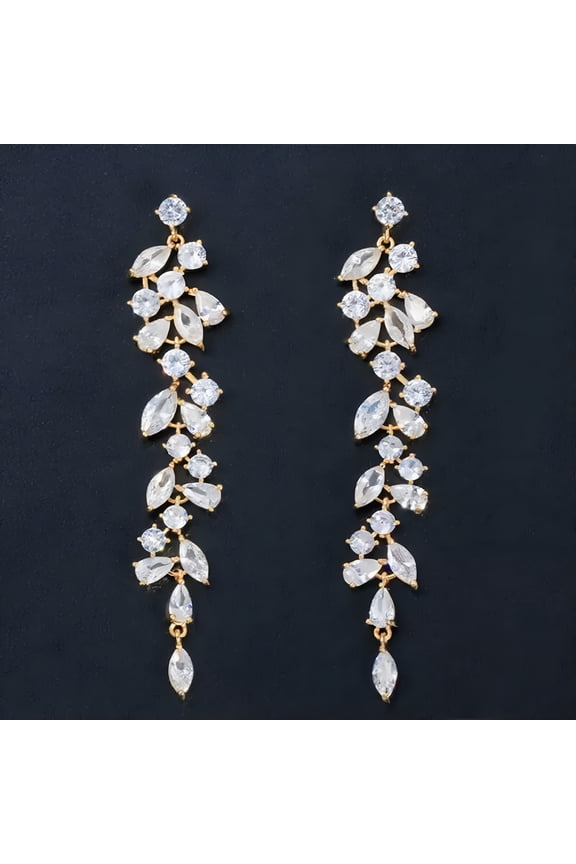 2026 New Classy Cubic Zircon Rose Gold Plated Dancing Party Long Dangle Leaf Drop Earring for Weddings, Parties, Dates, Evening Events