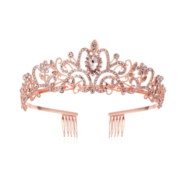 DESIGNICE 2026 New Crown Korean Style Alloy Tiara Birthday Crown with Crystals and Water Gems Princess Crown for Party, Birthday, Wedding 15.5X4.8Cm,Rose Gold