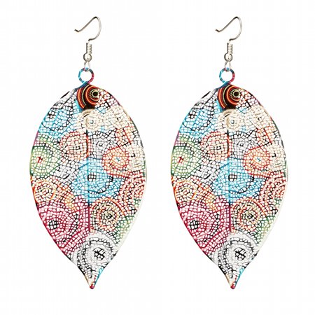 DESIGNICE 2026 New Ethnic Hollow Colorful Leaf Pendant Drop Women Statement Hook Earrings Jewelry Alloy Beige for Festivals, Casual Wear, Bohemian Style, Outdoor Events, Summer Outfits