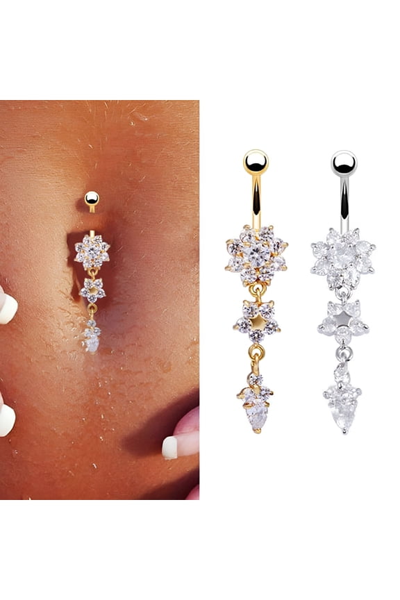 2026 New Flower Rhinestone Dangle Bar Barbell Belly Button Ring Body Piercing for Summer Fashion, Beach Parties, Casual Wear, Body Jewelry Collection.