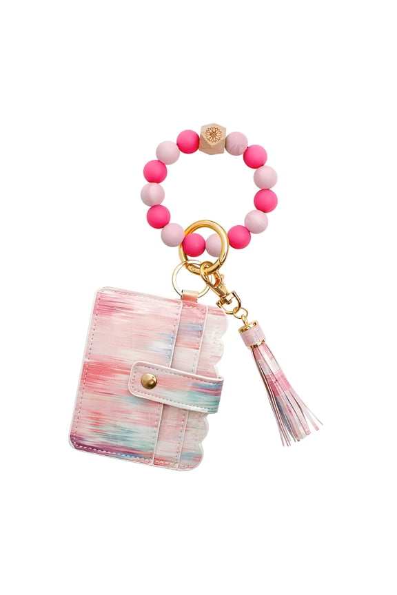2026 New Fluorescent Bracelet Wristlet Keychain Silicone Bead Bangle Key Ring Leather Tassel Keychain for Keys, Purse, Backpack, Travel