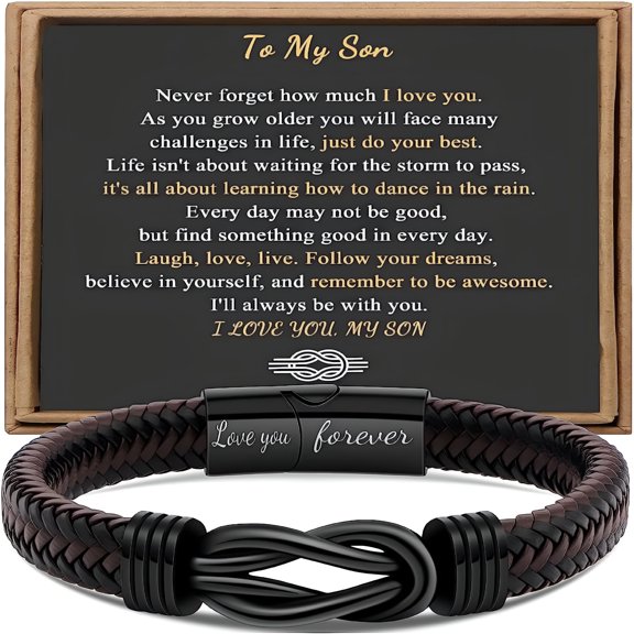 DESIGNICE 2026 New Gift for Men Infinity Bracelet for Men Dad Husband Son Brother Nephew Uncle Brown Braided Leather Forever Linked Together Stainless Steel Engraved with Love You Forever Jewelry