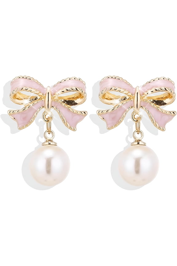 2026 New Gold Bow Earrings for Women,Trendy Small Bow Earrings,Ribbon Waterfall Dangling Earrings,Pearl Bow Earrings,Sparkly Elegant Bowknot Preppy Jewelry Gifts for Women