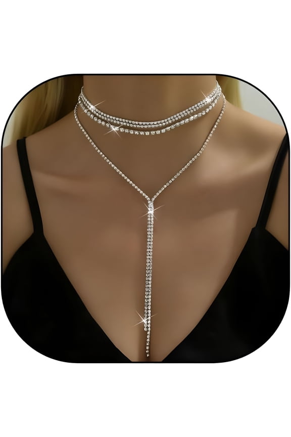 2026 New Gold Party Prom Rhinestone Layered Long Choker Necklace, Trendy Dainty Sparkly Boho Y Necklace, Simple New Year Anniversary Crystal Charm Accessories