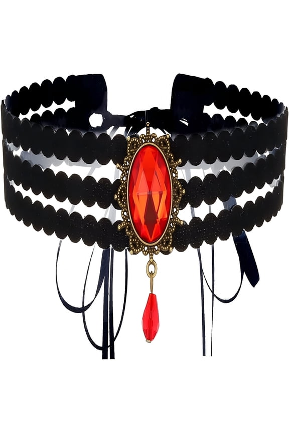 2026 New Gothic Lace Choker Necklace for Women,Vintage Red Black Crystal Pendant Necklaces Punk Style Vampire Necklace Hollowed Out Layer Necklaces Halloween Jewelry Accessories