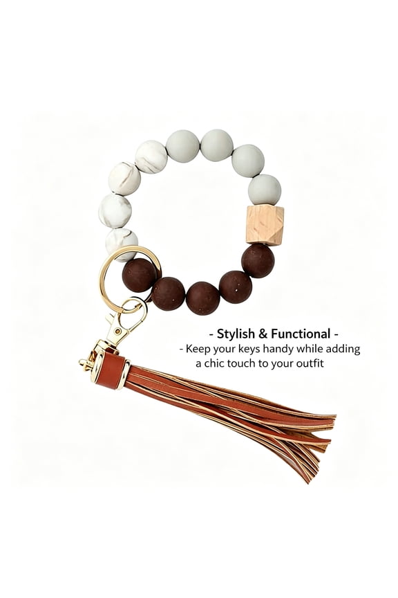 2026 New Hangs,Ring,Silicone Key Ring Bracelet,Women Beaded Bangle Keychain Wristlet Leather Tassel for Travel,Daily,Work,Shopping,1Pc Bracelet Key Ring