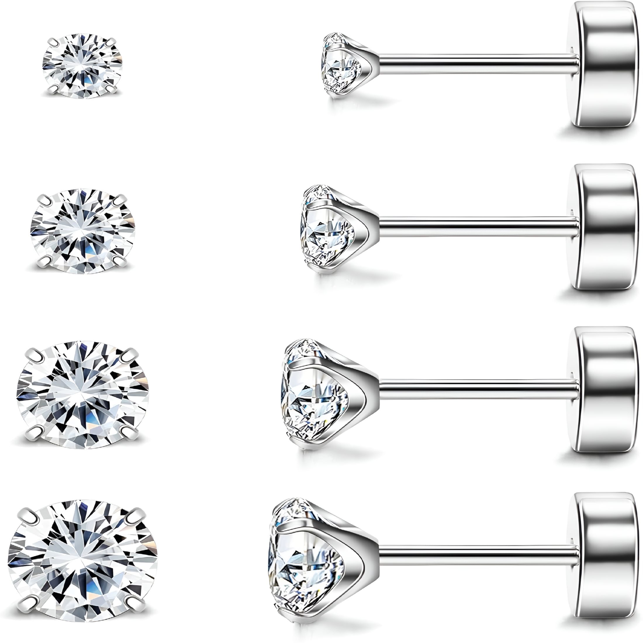 2026 New Hypoallergenic Flat Back Earrings for Women,4 Pairs Implant Grade Titanium Stud Earrings with Flat Backs for Ca