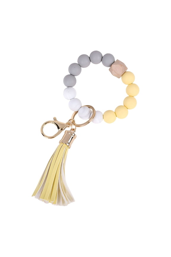 2026 New Key Chains Women Cute,Tassels and Wooden Beads Key Ring Bracelet,Multifunctional Bracelet Car Keychain Holder Wristlet,Yellow