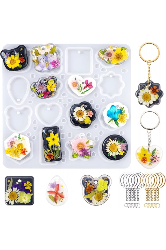 2026 New Keychain Resin Molds Silicone with Hole,16 Cavities Uv Resin Jewelry Pendant Mold for Beginner,Epoxy Resin Molds for Keychain Pendant Jewelry Making,For Diy,Craft,Gift