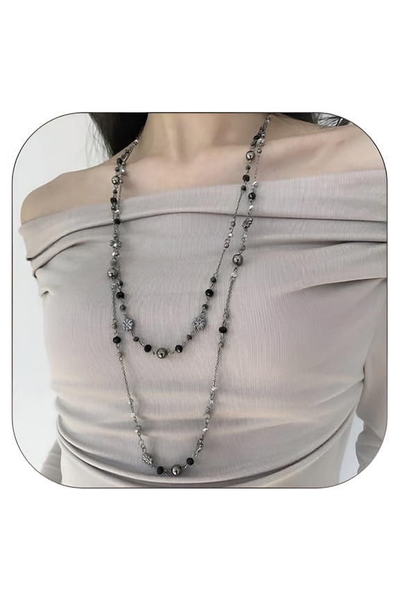 2026 New Long Silver Necklace for Women Layered Flower Beaded Necklace for Women Dainty Boho Vintage Necklace Jewelry Sunmmer Vacation Jewelry Gift Trendy
