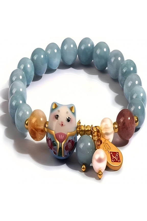 2026 New Lucky Cat Bracelet with Blue Crystal,Ceramic Cat Pendant,Feng Shui Good Luck Jewelry for Women,Wealth & Protection Bracelet for Casual, Party, Gift, Daily, Travel