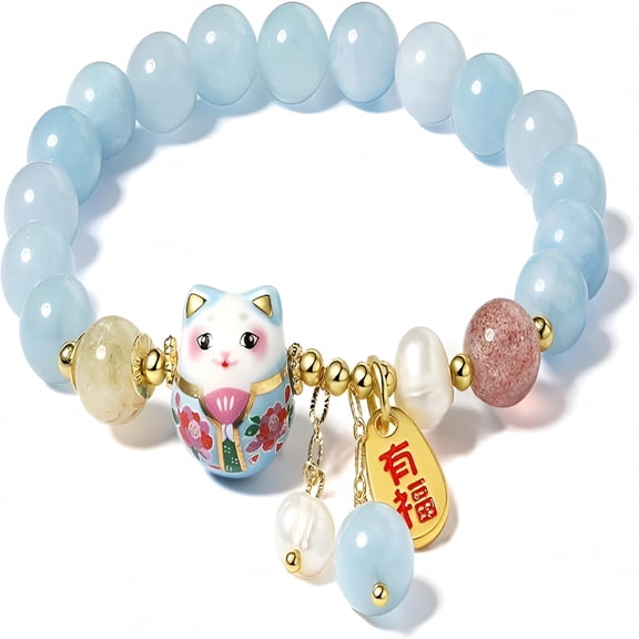 DESIGNICE 2026 New Lucky Cat Bracelet with Blue Crystal,Ceramic Cat Pendant,Feng Shui Good Luck Jewelry for Women,Wealth & Protection Bracelet for Daily Wear,Gifts,Office,Celebration