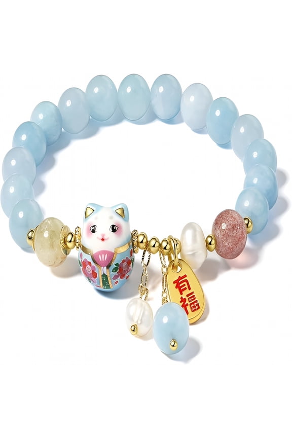 2026 New Lucky Cat Bracelet with Blue Crystal,Ceramic Cat Pendant,Feng Shui Good Luck Jewelry for Women,Wealth & Protection Bracelet for Daily Wear,Gifts,Office,Celebration