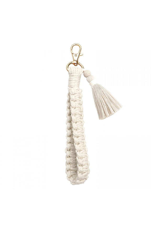 2026 New Macrame Keychain Bracelet Handmade Wristlet Keychain with Tassel Lanyard Weave Holder for Women - White
