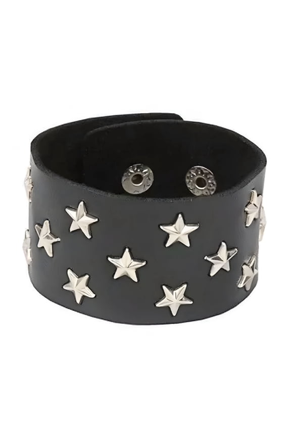 2026 New Men Women Spike Studded Rivet Bracelet Punk Goth Biker Wide Leather Wristband Goth Bracelets -Stars 21Cm
