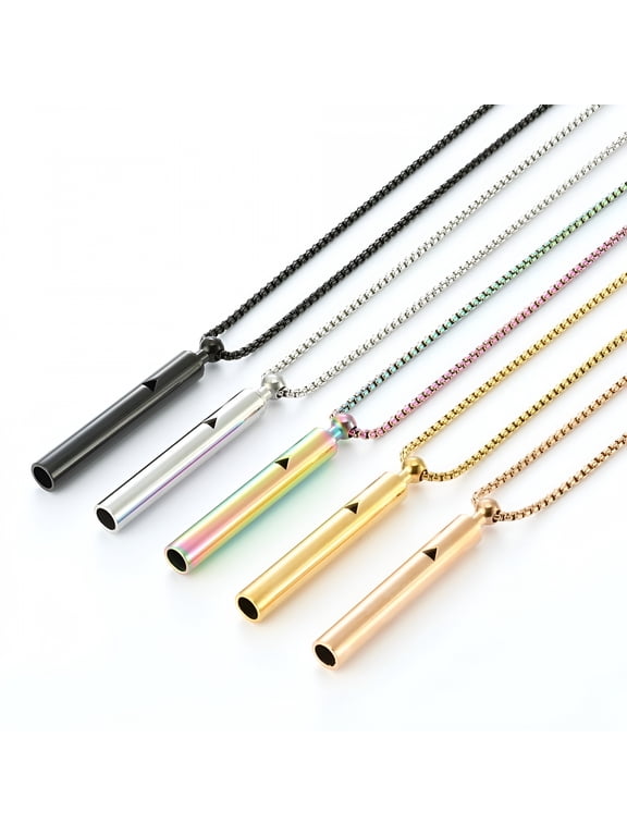2026 New Mindful Breathing Whistle Necklace Stainless Steel Anxiety Reduction Necklace Stress and Panic Relief Necklace Adjustable Length Meditation Inner Peace Necklace Silver