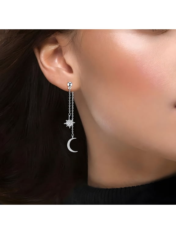 2026 New Moon and Star Dangle Earrings for Women Crescent Drop Earrings with Sparkling Cubic Zirconia for Party,Evening,Daily Wear Celestial Jewelry Night Sky