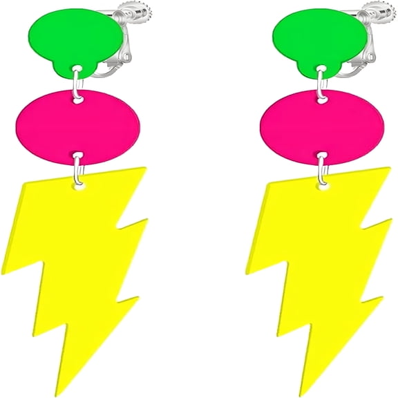 DESIGNICE 2026 New Neon Clip on Earrings for Women,Non-Piercing,Colorful Lightning Acrylic Retro Geometric Thunder Flash Drop Earrings for Outfit Glow Party Accessories