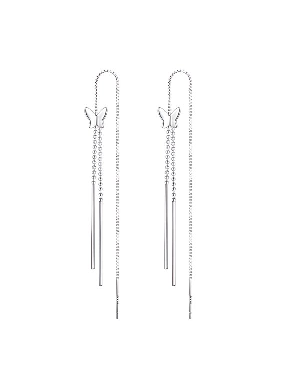 2026 New A Pair Butterflies Threader Earrings,Silver Long Chain Thread Earrings,Butterflies Studs Pull Through Earrings,Dangle Tassel Chain Earrings,Line Bead Chain Drop Earrings Jewelry