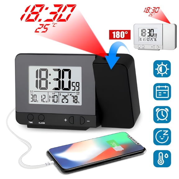 DESIGNICE 2026 New Projection Alarm Clock Led Digital Ceiling Display Dual Alarm Clock Sleep Timer 180 Projector Snooze Function Desk/Shelf Clock 4 Dimmer Usb Charging Ac Powered&Battery