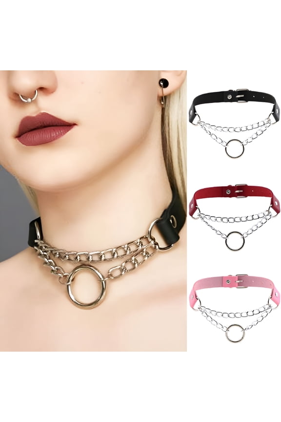 2026 New Punk Chain Choker Necklace Round Circle Leather Collar for Night Club Party Bar, for Nightlife, Clubs, Parties, Concerts, Music Events, Edgy Fashion, Bold Outfits