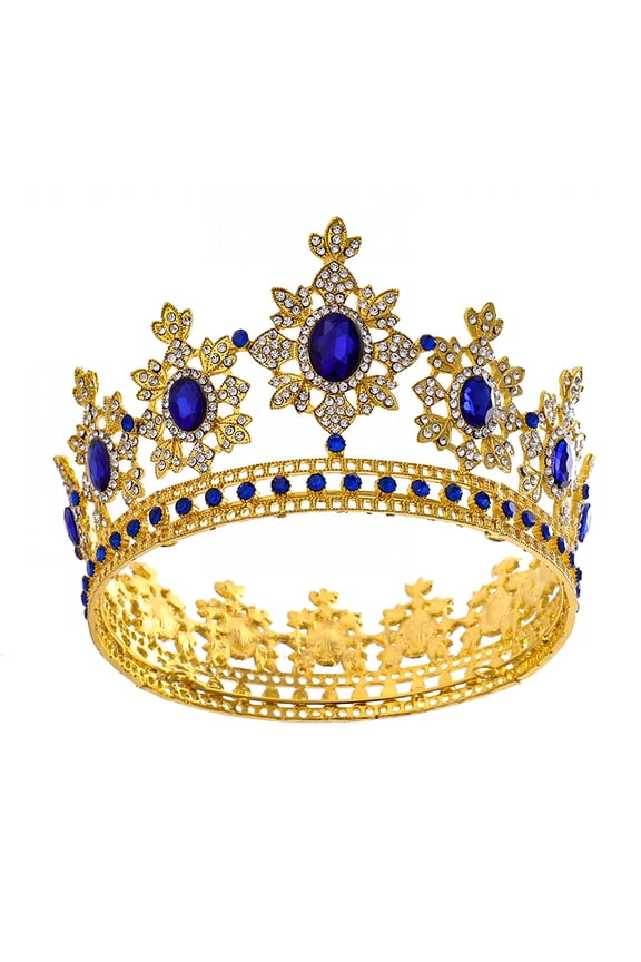 2026 New Royal Queen King Crowns Gold Tiaras Baroque Round Crown Diadem Prom Wedding Hair Jewelry Blue for Rhinestone Headband, for Weddings, Proms, Costume Parties, Pageants, Formal Events